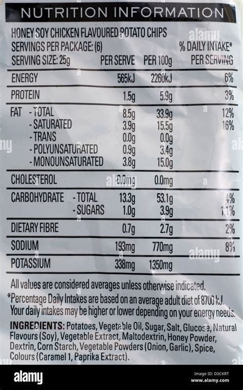 Nutritional information and ingredients on a packet of potato chips Stock Photo - Alamy