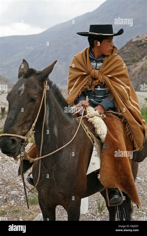 Portrait of a northern gaucho riding a horse near Purmamarca, Quebrada de Humahuaca, Jujuy ...