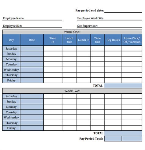 Printable Biweekly Timesheet