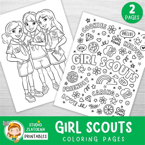 2 Girl Scouts Coloring Pages, Girl Scout Coloring Book, Cute Scout ...