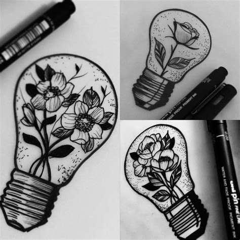 four different images of light bulbs with flowers in them and some pens on the table