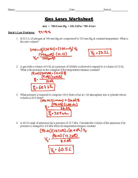 Gas Laws Worksheet answer key - Gas Laws Worksheet atm = 760 mm Hg = 101 kPa= 760 .0 torr Boyle ...