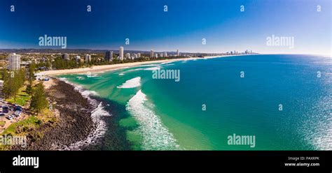 Aerial view of Burleigh Heads - a famous surfing beach suburb on the ...