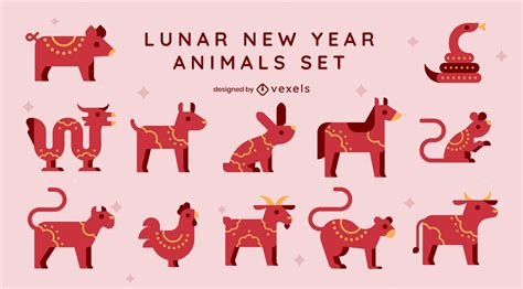 Lunar New Year Animals Red Set Vector Download