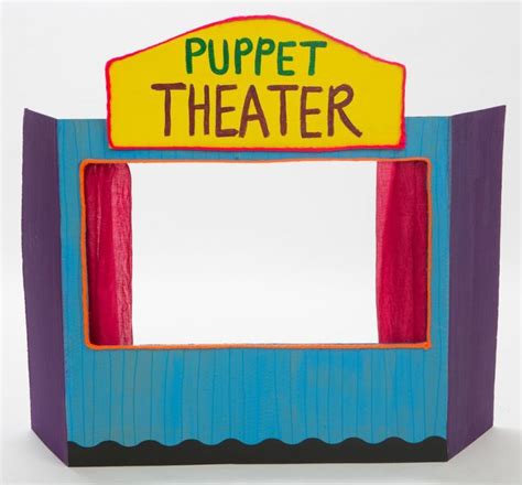 the puppet theater is painted purple, blue and yellow