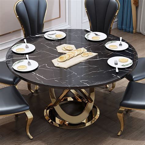 59" Modern Black & Gold Round Marble Dining Table with Stainless Steel Pedestal | Round marble ...