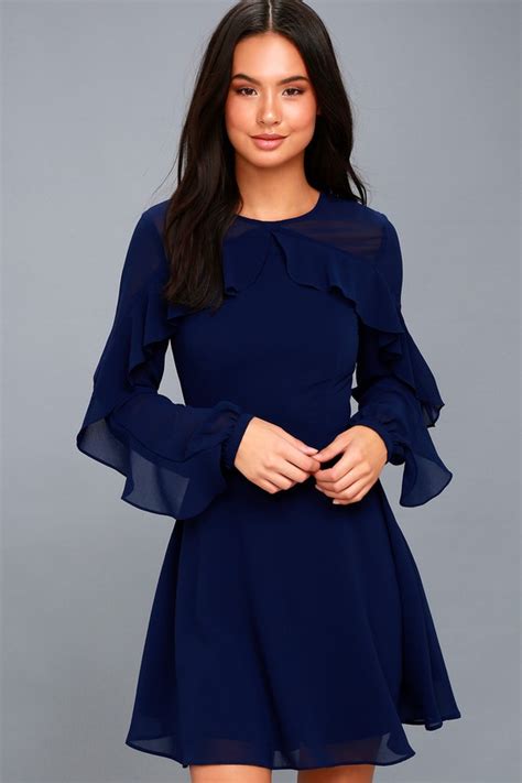 Lovely Navy Blue Dress - Long Sleeve Dress - Skater Dress - Lulus