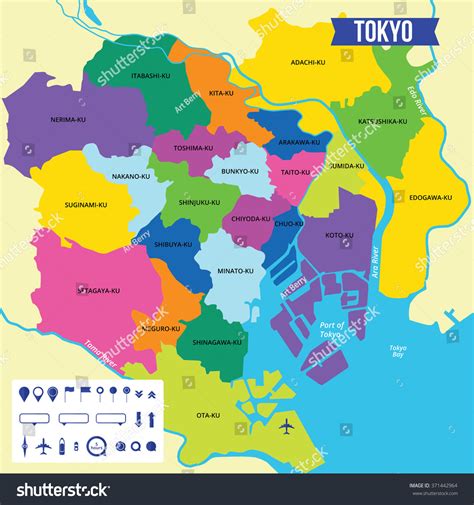 Mapa de color vectorial de Tokio,: vector de stock (libre de regalías) 371442964 | Shutterstock