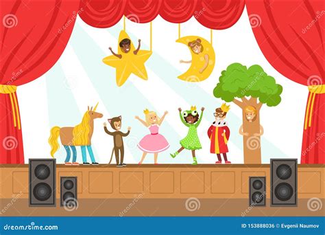 Children Actors Performing Fairy-Tale on Stage on Talent Show Colorful Vector Illustration with ...