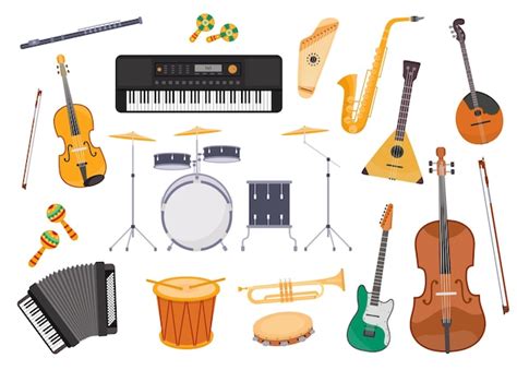 Premium Vector | Flat musical instrument, guitar, accordion, drum, saxophone and flute. classic ...