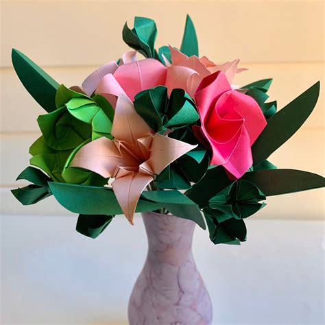 Pink and Green Origami bouquet Paper Flower arrangement One | Etsy | Paper flower arrangements ...