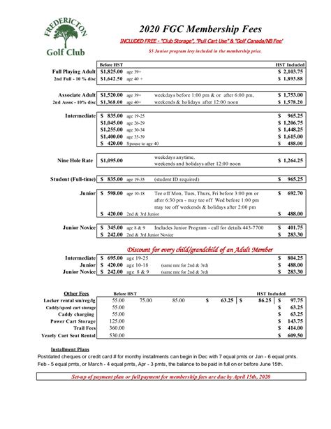 2020 Fredericton Golf Club Membership Fees - Fredericton Golf Club Inc. : Fredericton Golf Club Inc.