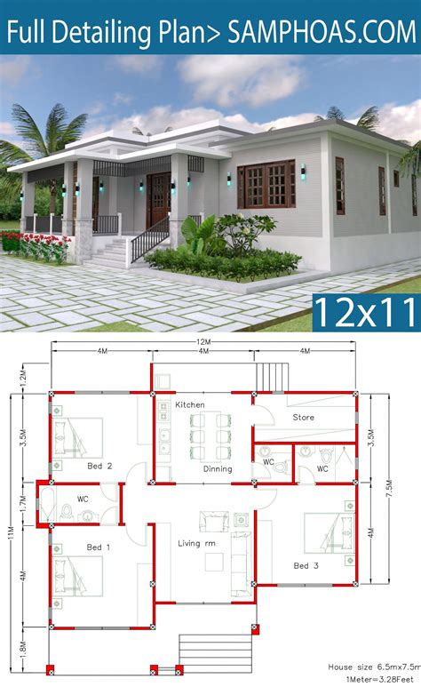 House Design with Full Plan 12x11m 3 Bedrooms – SamPhoas Plan #tophomeinteriors | Bungalow house ...