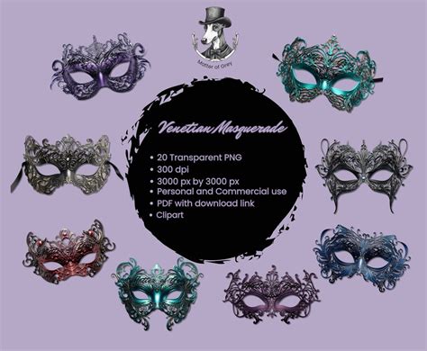 Instant Download Venetian Masquerade Clipart: 20 Unique PNG Images for Scrapbooking, Crafting ...