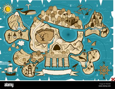 Map of treasure island in the shape of skull and bones. Use the X in the lower right corner to ...