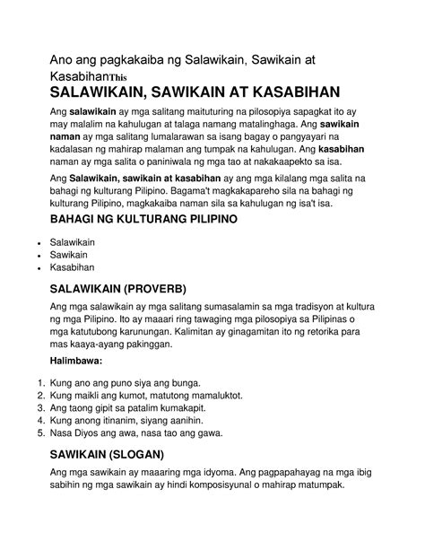 Scribd - Kaibahan ng Salawikain at Sawikain - Ano ang pagkakaiba ng Salawikain, Sawikain at ...