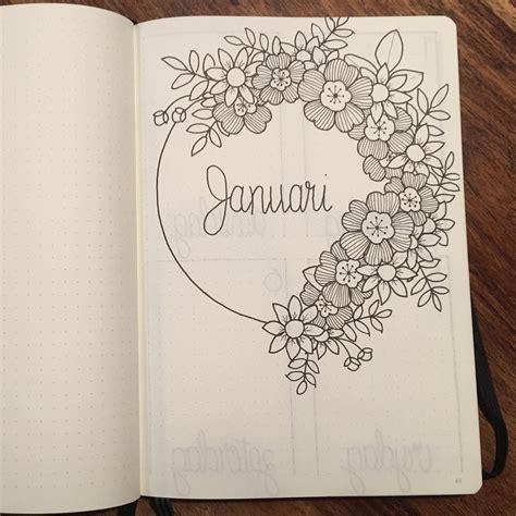 Bullet journal monthly cover page, January cover page, flower drawings ...