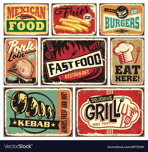 Collection retro food restaurant signs Royalty Free Vector