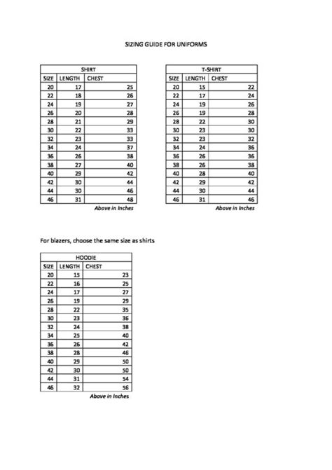 SIZING GUIDE FOR UNIFORMS – Unistore