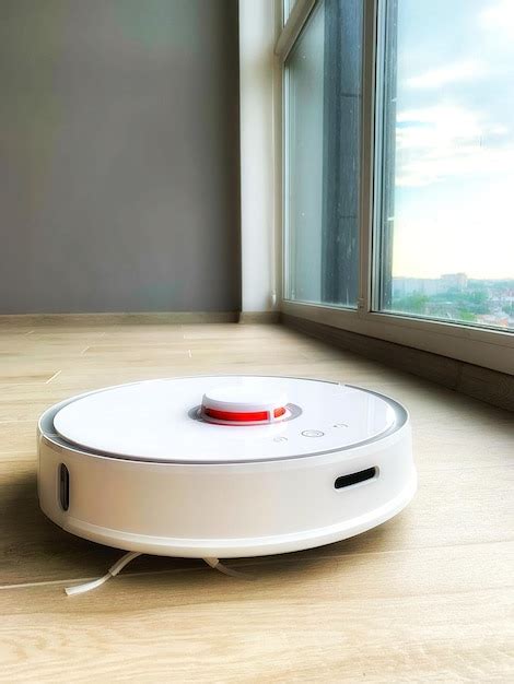 Premium Photo | White robot cleaner robot vacuum cleaner on laminate floor in action