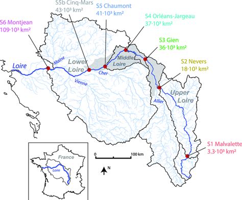 Map of the Loire River basin, with the main tributaries and the ...