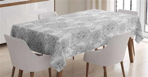 Grey and White Tablecloth, Vintage Chrysanthemum Flowers in Soft Tones Foliage Botanical Pattern ...
