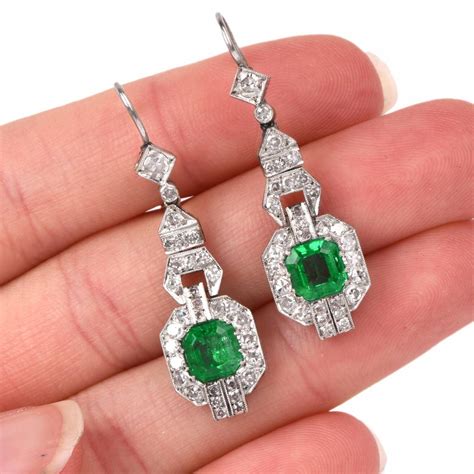 Antique Emerald Diamond Platinum Pendant Earrings at 1stDibs