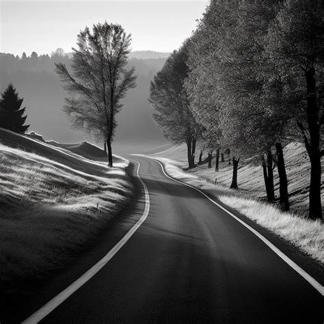 Premium AI Image | A black and white photo of a road with a tree on it.