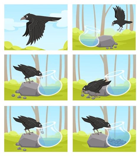 Premium Vector | Thirsty crow Tale of smart black crow and jug of water ...