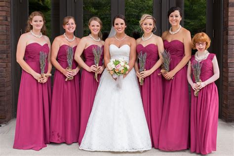 Bridesmaids in Raspberry, Strapless Dresses