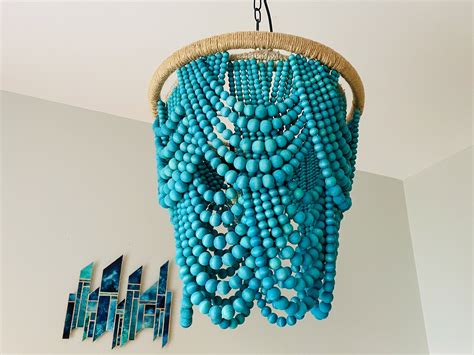 Coastal Wood Bead Chandelier / Turquoise Boho Ceiling Light / - Etsy in 2023 | Wood bead ...