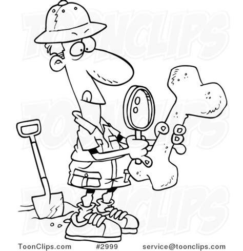 Cartoon Black and White Line Drawing of a Archaeologist Inspecting a Bone #2999 by Ron Leishman