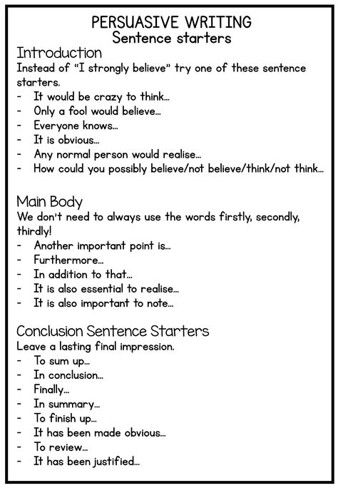 Persuasive Writing Notes - Sentence Starters and Tools | Persuasive writing, Essay writing ...