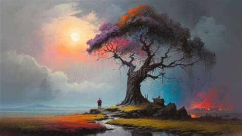 Fantasy Night Landscape with a Mysterious Trees Stock Illustration ...