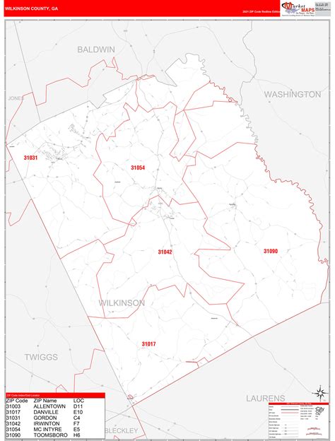 Wilkinson County, GA Zip Code Wall Map Red Line Style by MarketMAPS - MapSales.com