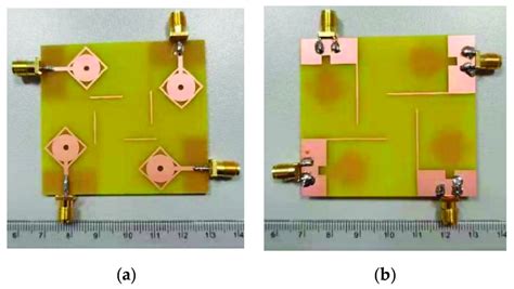 Fabricated prototype of MIMO antenna. (a) View from the top and (b)... | Download Scientific Diagram