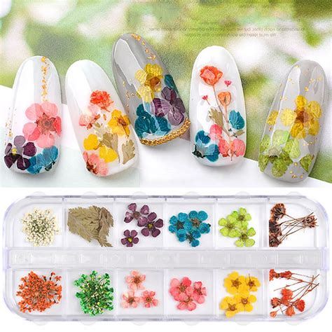 12 Colors Dried Flowers Nail Art Stickers Gypsophila Sun flower daisy ...