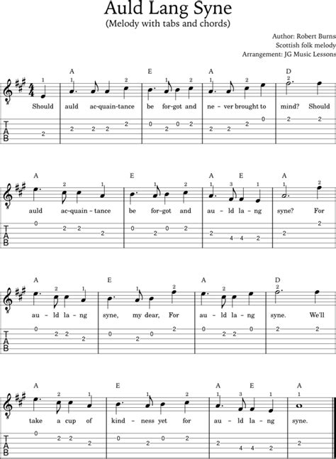 Auld Lang Syne guitar chords, tabs, and finger-style arrangement - JG ...