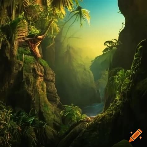 Caveman overlooking tropical jungle landscape on Craiyon