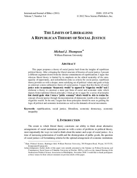 (PDF) The Limits of Liberalism: A Republican Theory of Social Justice | Michael J. Thompson ...