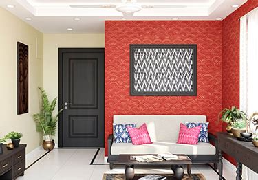 Rustic Living Room with Red Accent Wall - Asian Paints