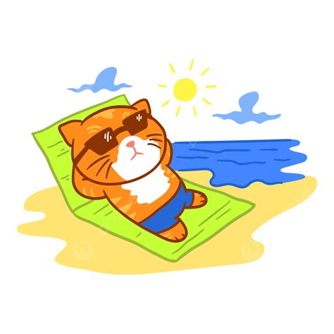 Cute Cat Sunbathing On The Beach Illustration Design, Paint, Beach ...