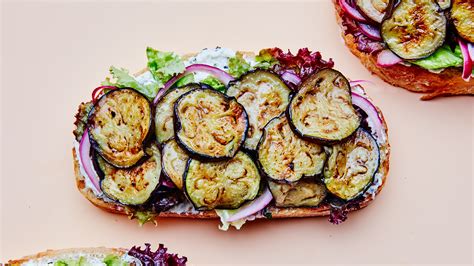 Open-Face Eggplant Sandwiches with Ricotta and Pickled Onions | Bon Appétit