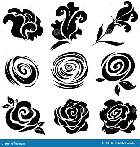 Set of Black Rose Flower Design Elements Stock Vector - Illustration of ...