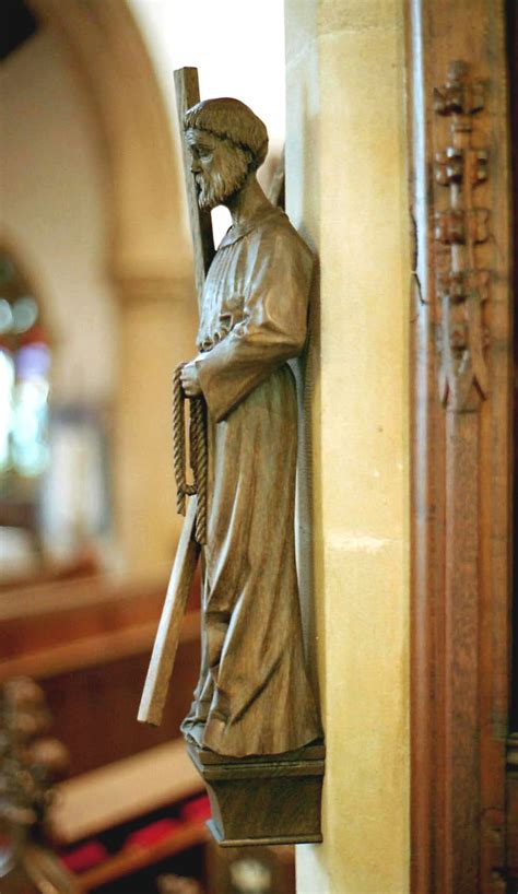 Carved Oak Statue of St Andrew in situ fitted to stone column