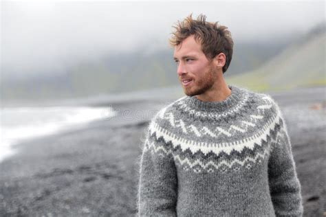 Handsome Man Walking On Icelandic Black Sand Beach Stock Photo - Image ...