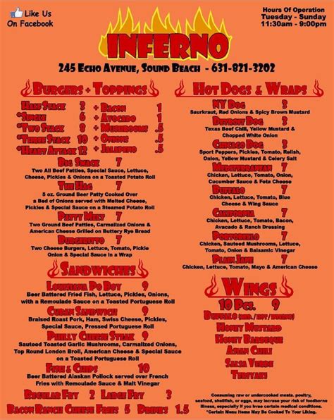 Menu at Inferno The Restaurant, Sound Beach