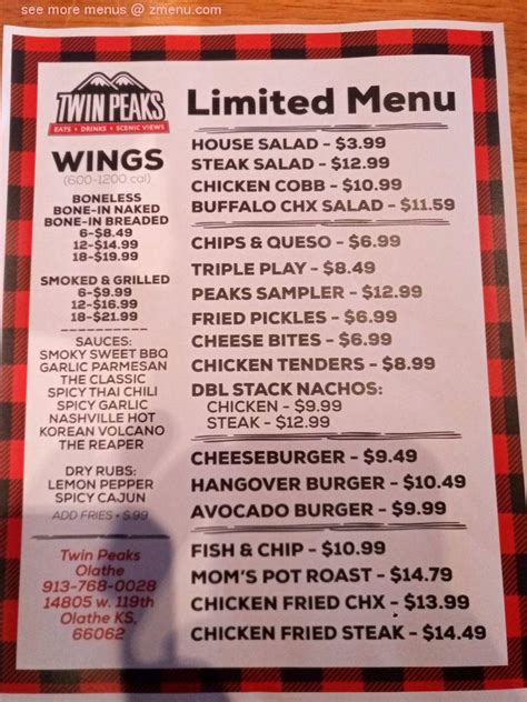 Menu at Twin Peaks Olathe pub & bar, Olathe