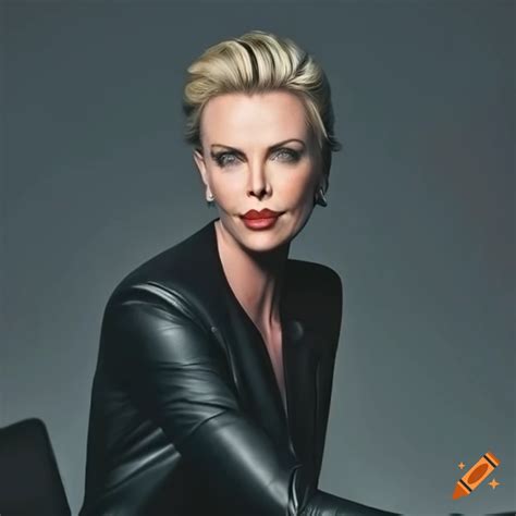 Portrait of charlize theron in a stylish black leather suit at an office desk on Craiyon