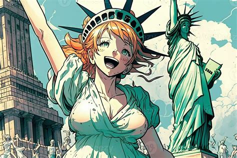 Beautiful anime manga girl in New York City Statue of Liberty ...